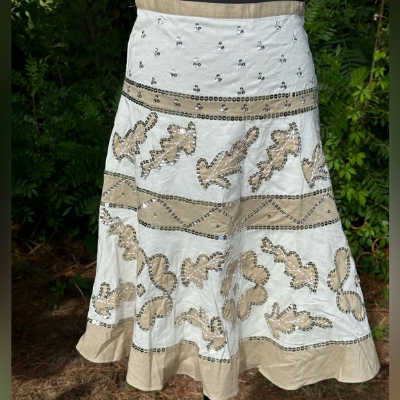 BCBGMaxazria New w Tags Sequin Embroidered A Line Skirt White Beige Lined Cotton - Picture 3 of 11